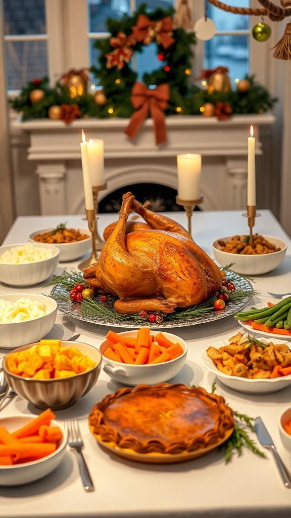 A festive Christmas dinner table with roasted turkey, side dishes, and pie, decorated for the holiday.